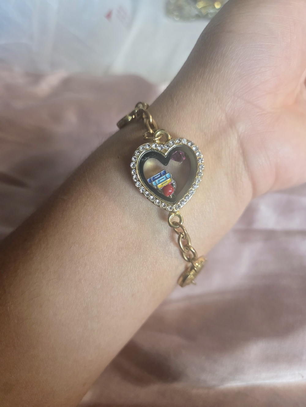 Gold Heart Locket Charm Bracelet with Crystal Accents - Pink, Blue, Red Charms